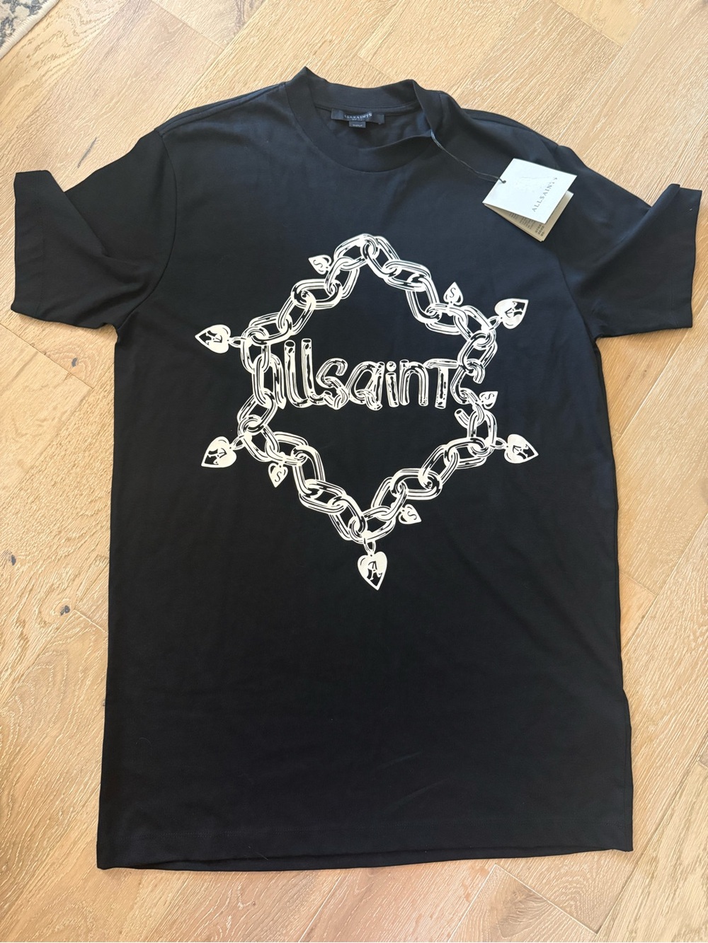 All Saints Black T-shirt dress with White Chain Script Graphic NWT